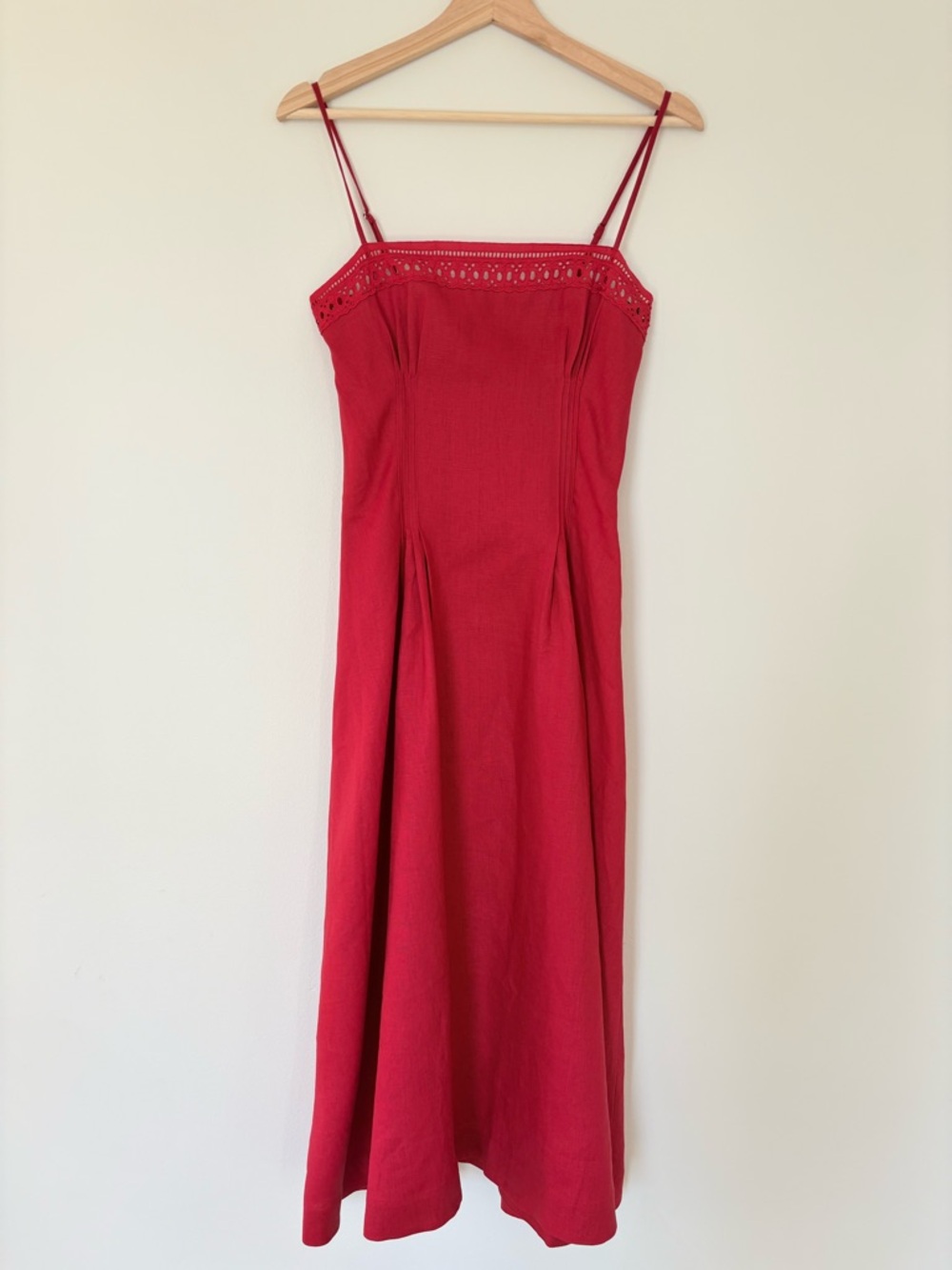 NEW Reformation Pomona Linen Lace Trim Midi Dress Lipstick Red | US 6 UK 10 - Picture 5 of 12
